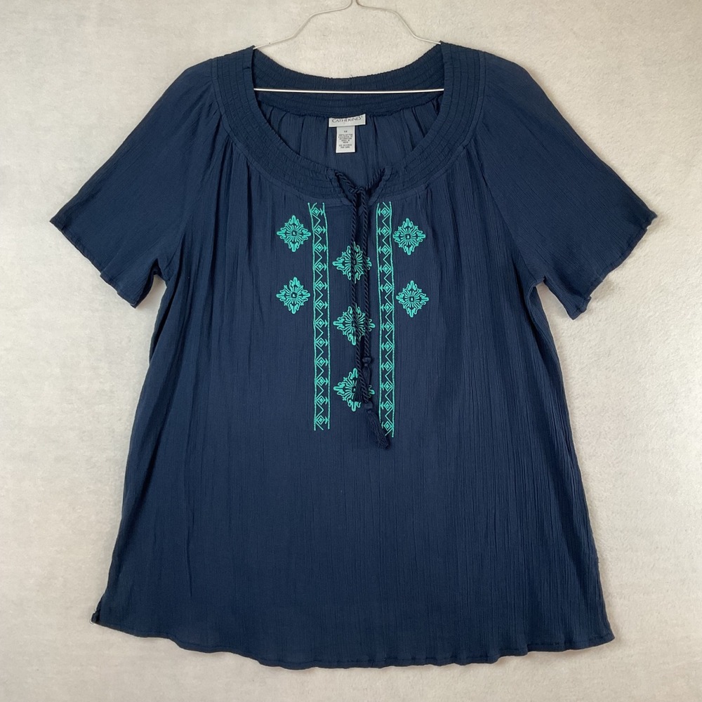 Catherines Womens 1X Navy Blue Cotton Crinkle Gauze Embroidered Peasant Blouse